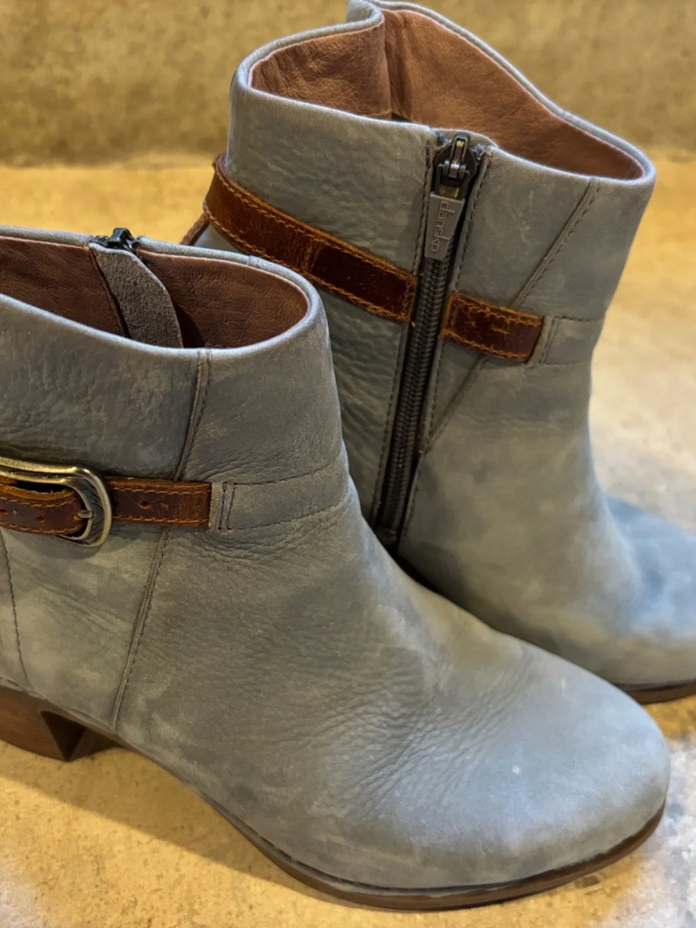 Dansko Gray Leather Ankle Boots with Brown Strap